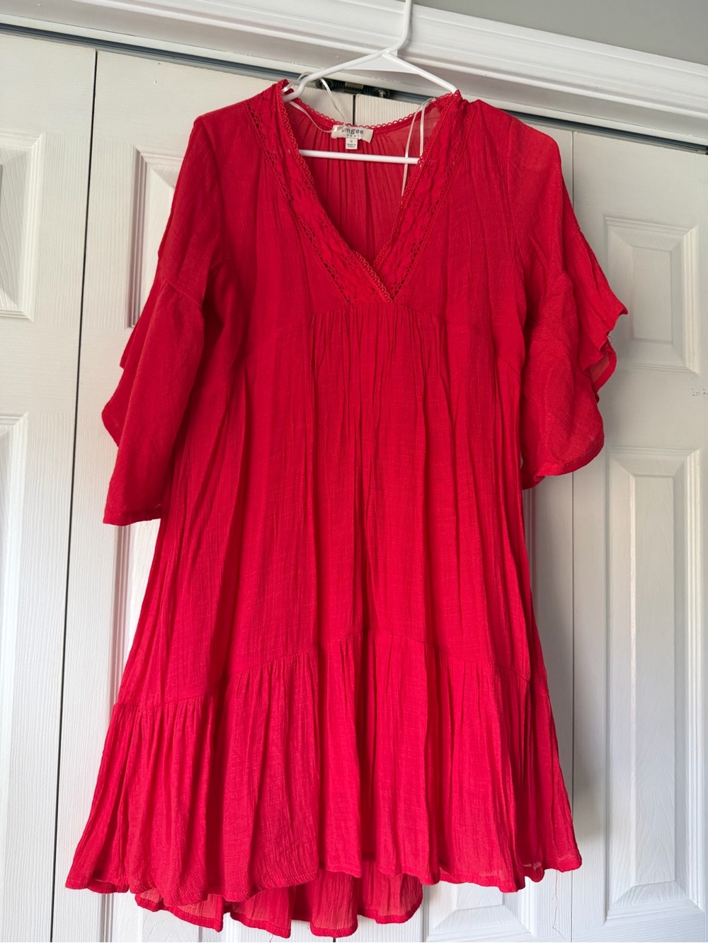 Umgee Red Midi Dress with V-Neck and Flutter Sleeves